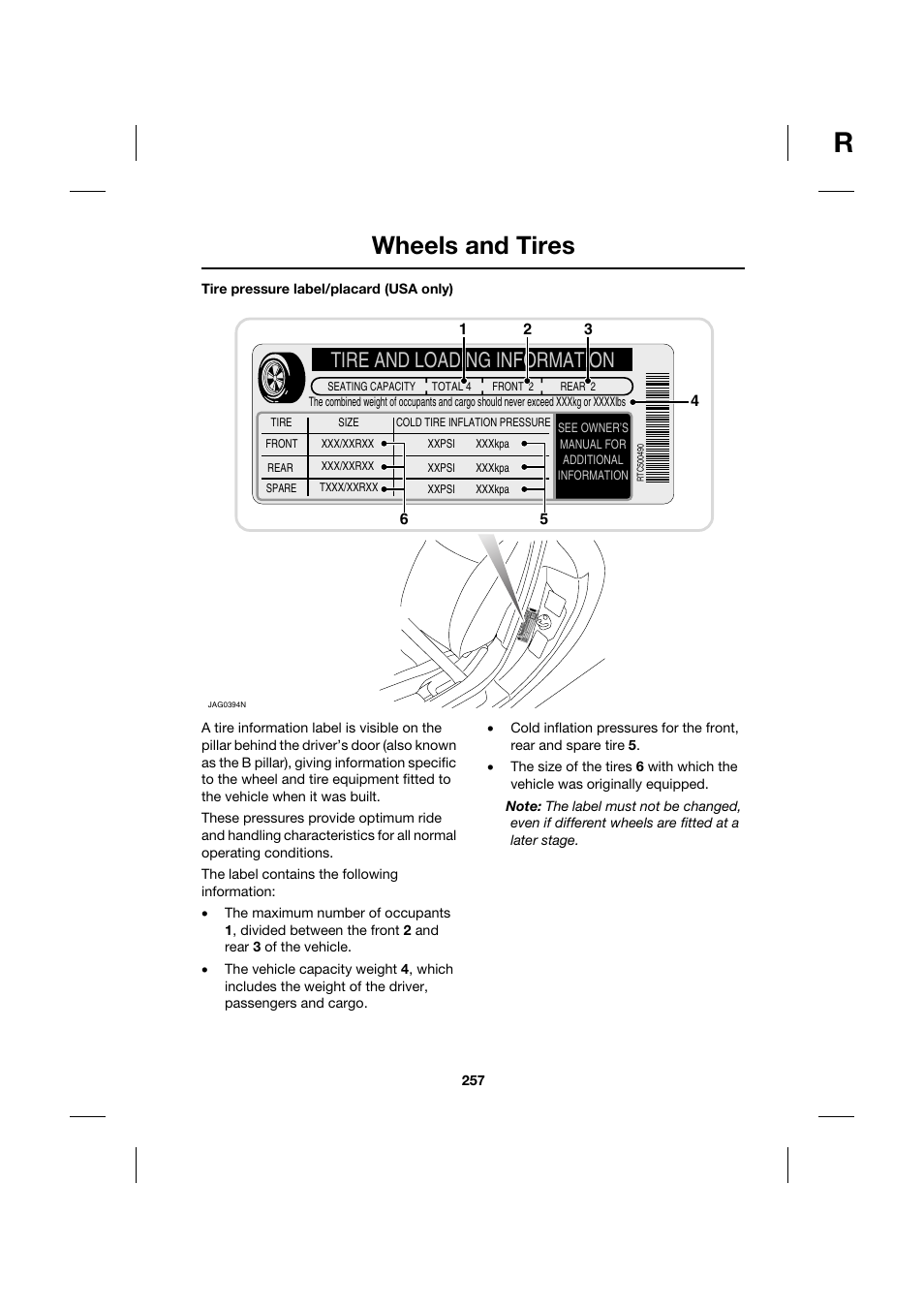 Wheels and tires, Tire and loading information | Jaguar XK JJM 18 02 30 701 User Manual | Page 223 / 260