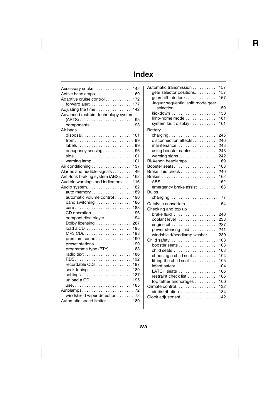 Index | Jaguar XK JJM 18 02 30 701 User Manual | Page 255 / 260