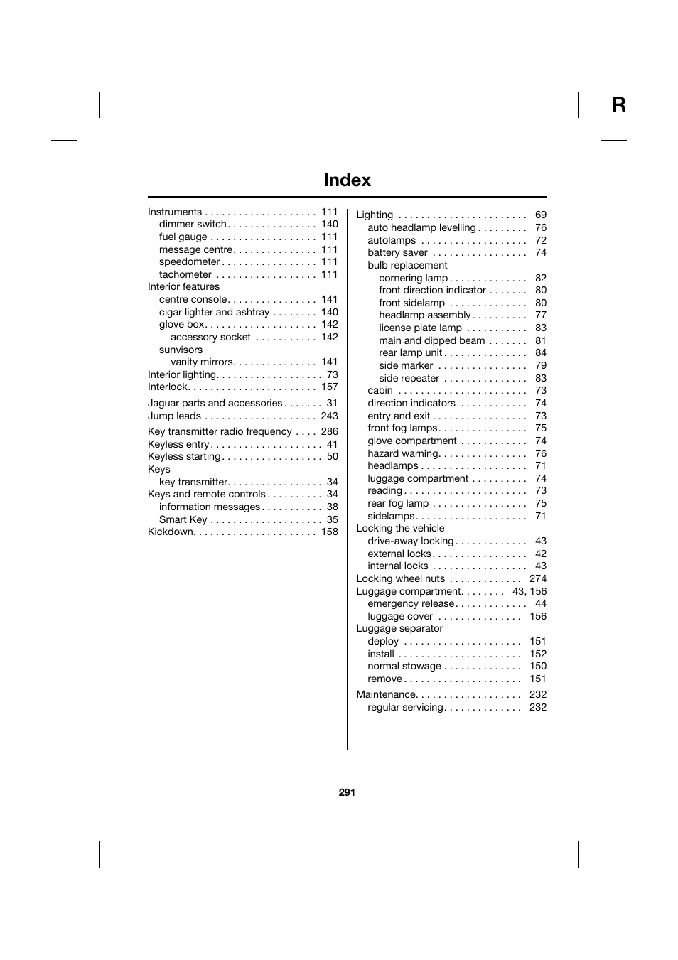 Index | Jaguar XK JJM 18 02 30 701 User Manual | Page 257 / 260