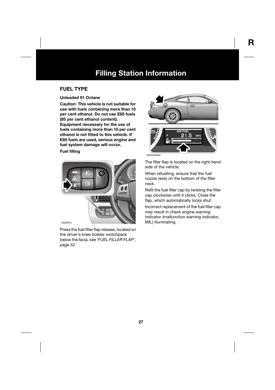 Filling station information, Fuel type | Jaguar XK JJM 18 02 30 701 User Manual | Page 27 / 260