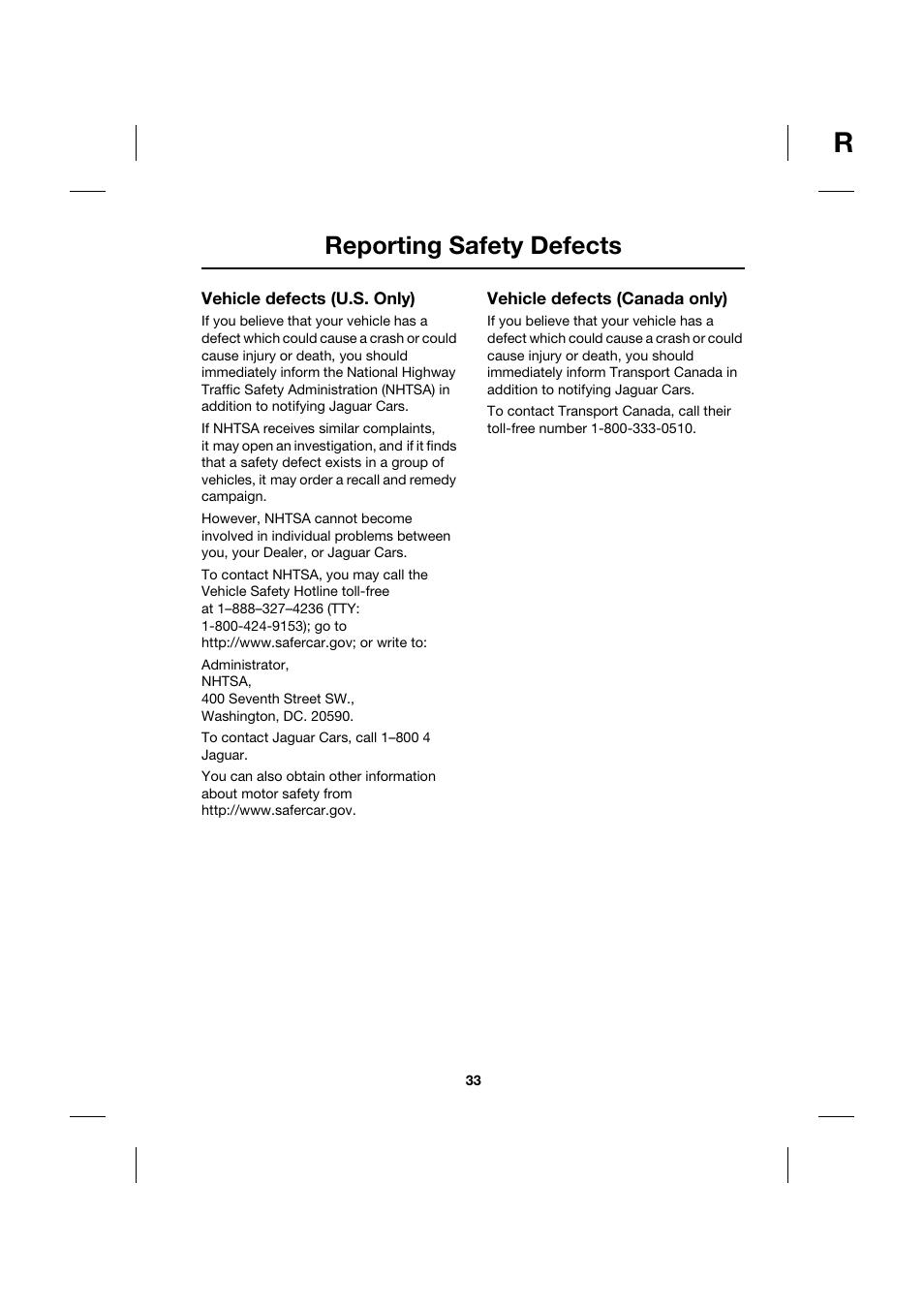 Reporting safety defects | Jaguar XK JJM 18 02 30 701 User Manual | Page 33 / 260