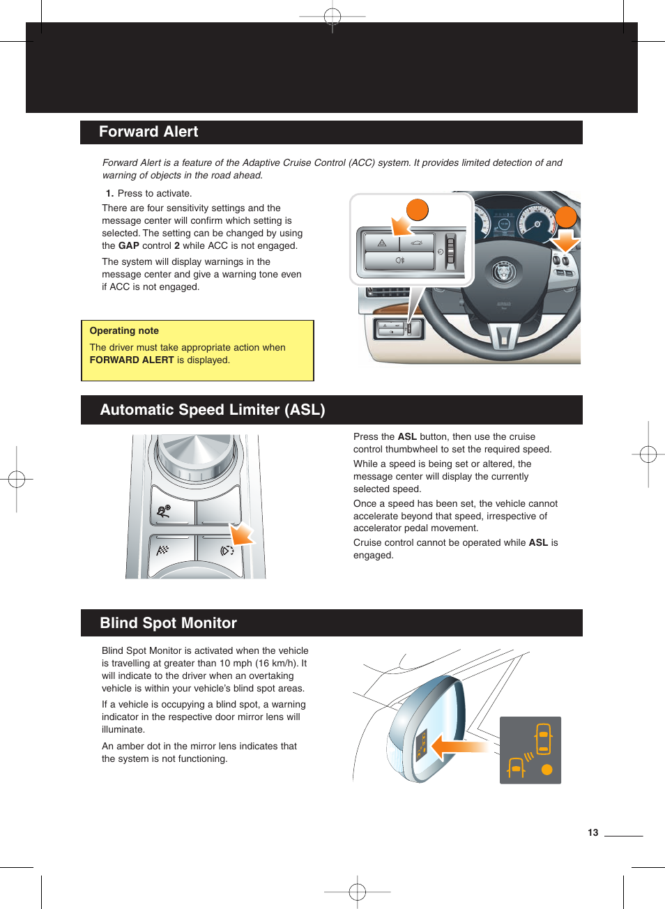 Forward alert, Automatic speed limiter (asl), Blind spot monitor | Jaguar XF User Manual | Page 13 / 20