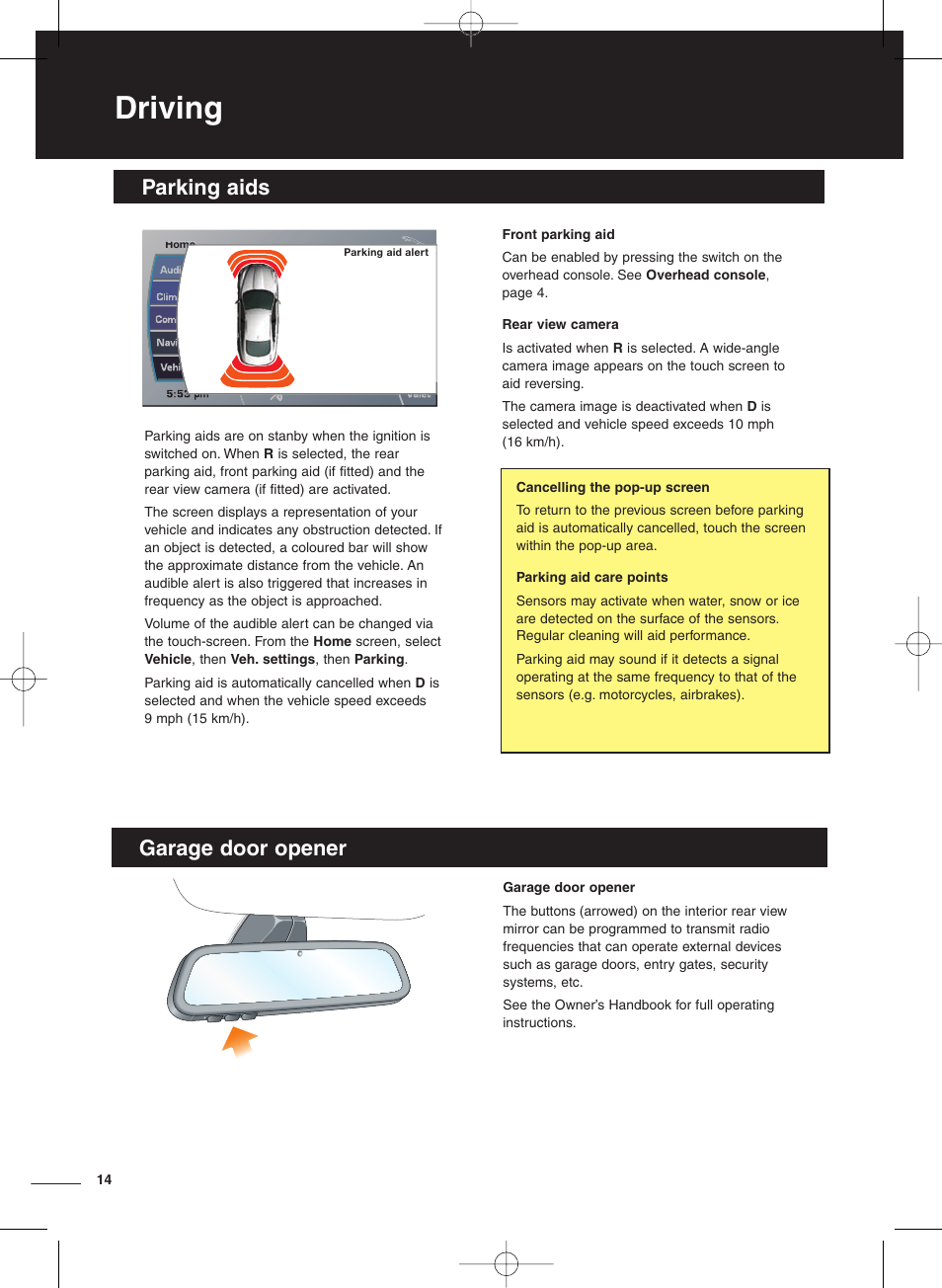 Driving, Parking aids, Garage door opener | Jaguar XF User Manual | Page 14 / 20