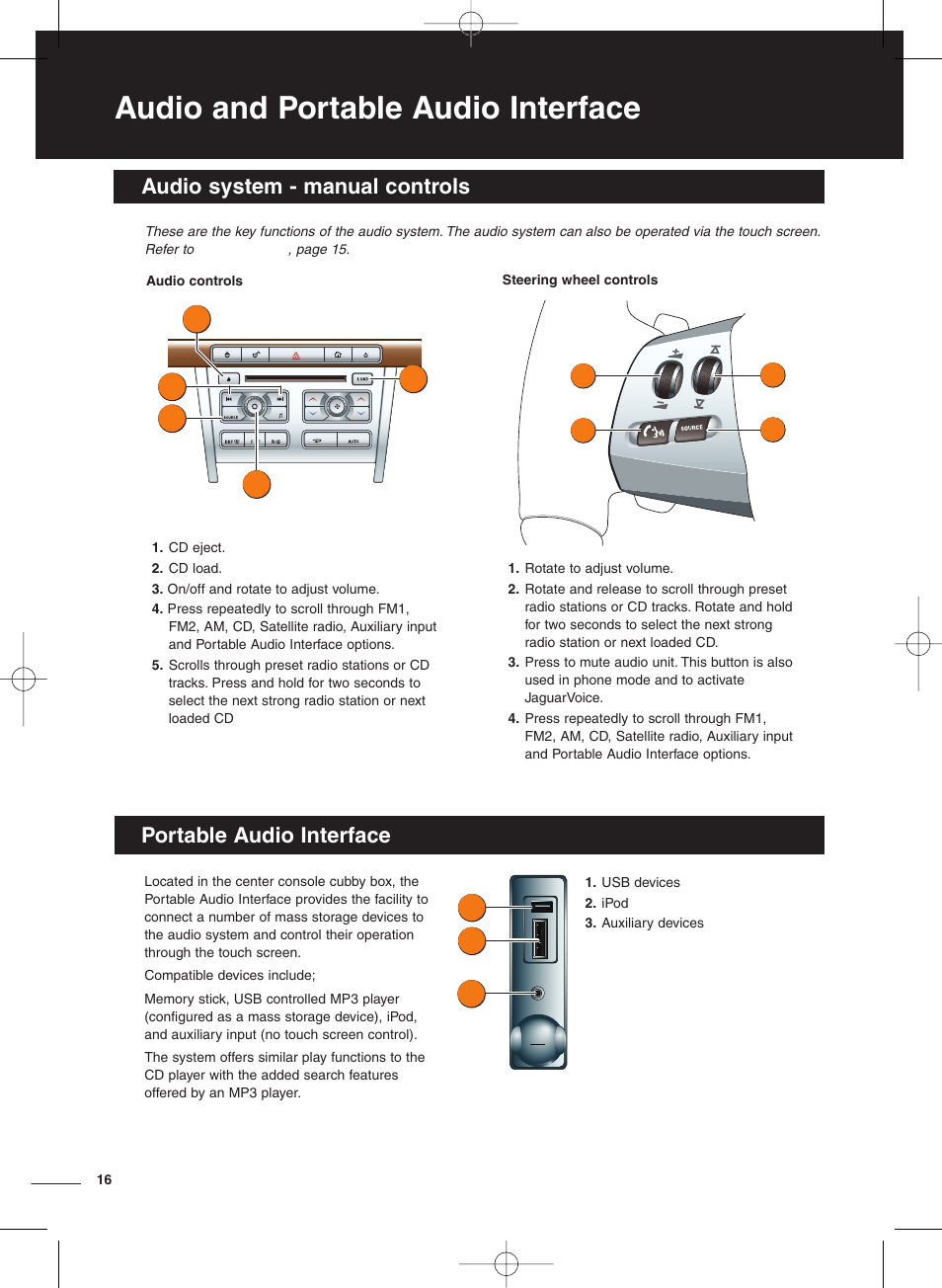 Audio and portable audio interface, Audio system - manual controls, Portable audio interface | Jaguar XF User Manual | Page 16 / 20