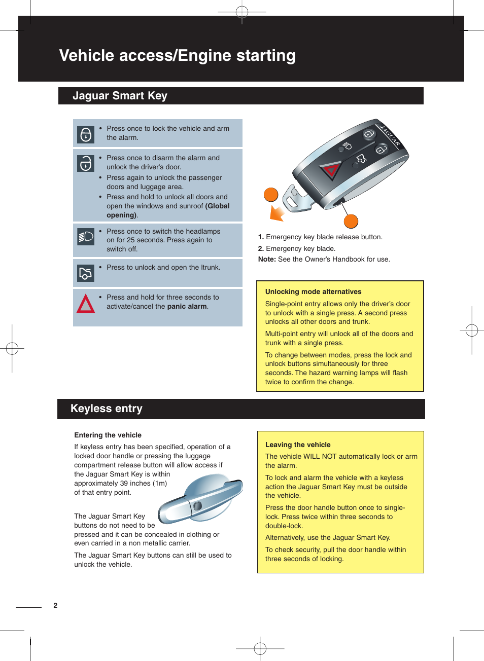 Vehicle access/engine starting, Jaguar smart key keyless entry | Jaguar XF User Manual | Page 2 / 20