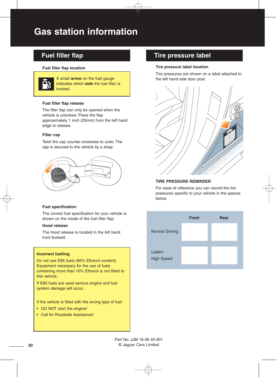 Gas station information, Fuel filler flap, Fuel filler flap tire pressure label | Jaguar XF User Manual | Page 20 / 20