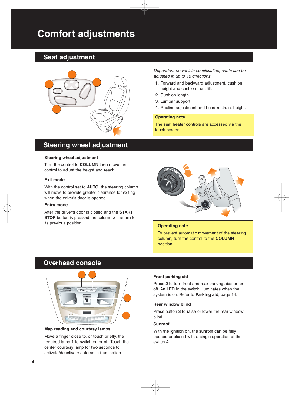 Comfort adjustments, Steering wheel adjustment seat adjustment, Overhead console | Jaguar XF User Manual | Page 4 / 20