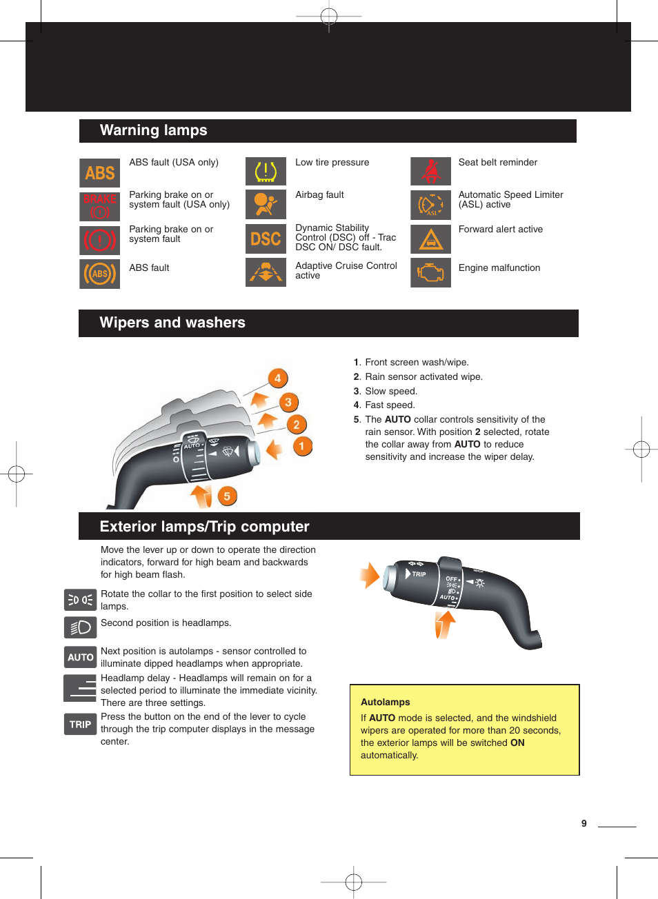 Warning lamps exterior lamps/trip computer, Wipers and washers | Jaguar XF User Manual | Page 9 / 20