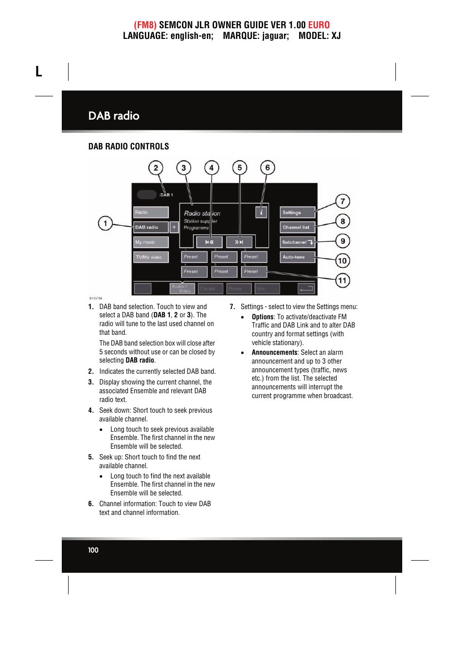Dab radio, Dab radio controls | Jaguar XJ User Manual | Page 100 / 207