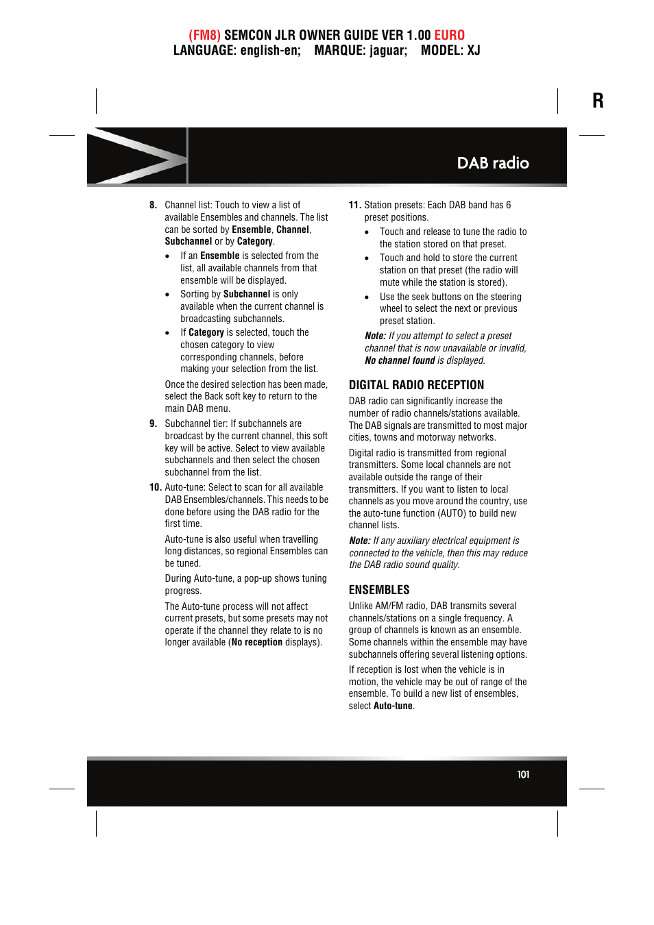 Digital radio reception, Ensembles, Dab radio | Jaguar XJ User Manual | Page 101 / 207