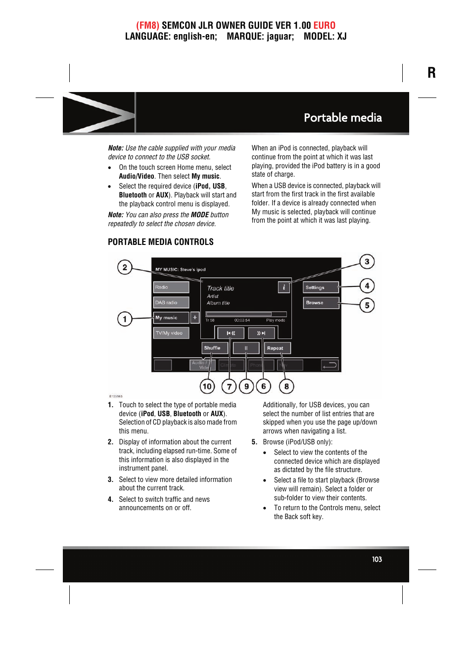 Portable media controls, Portable media | Jaguar XJ User Manual | Page 103 / 207
