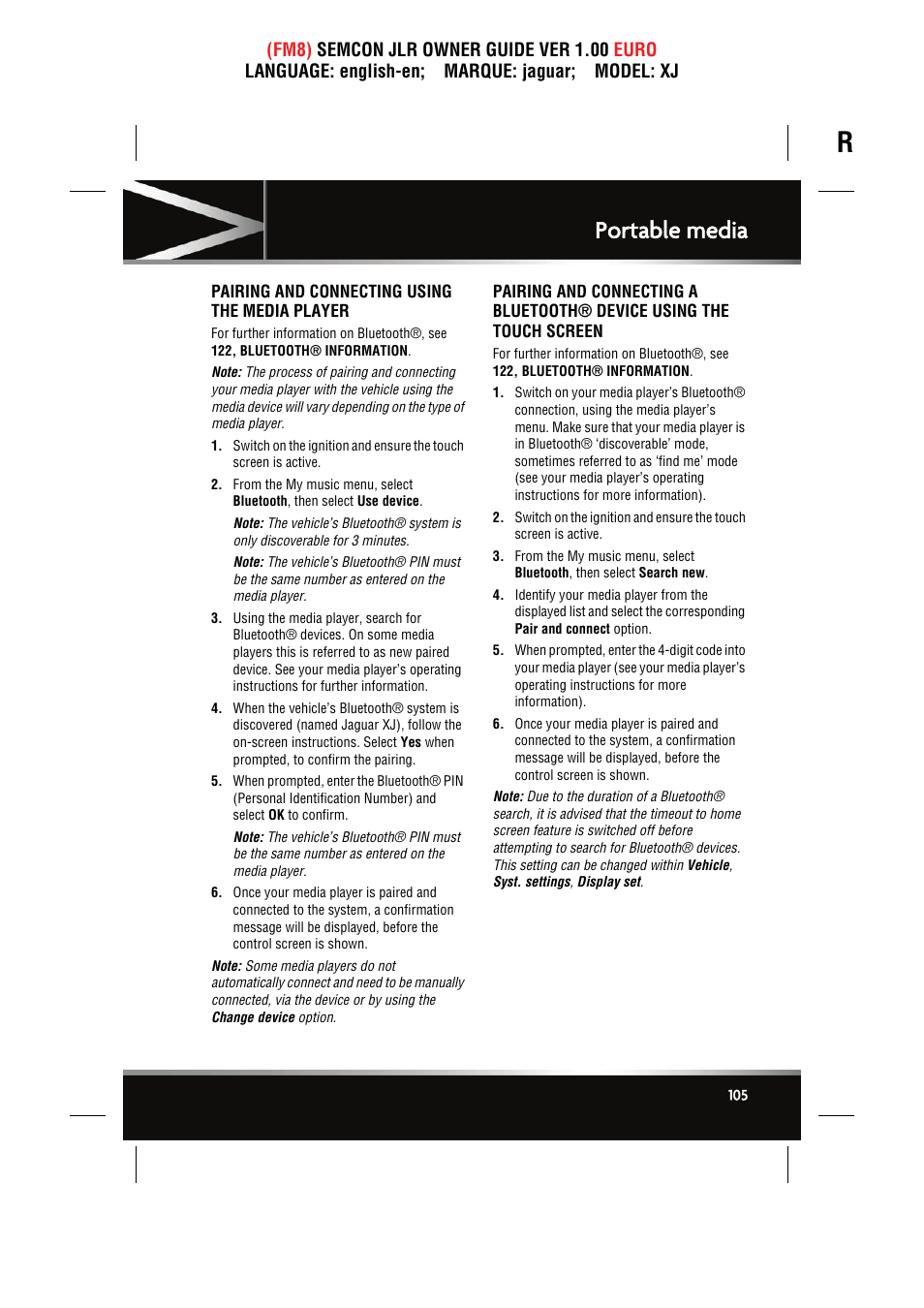 Pairing and connecting using the media player, Portable media | Jaguar XJ User Manual | Page 105 / 207