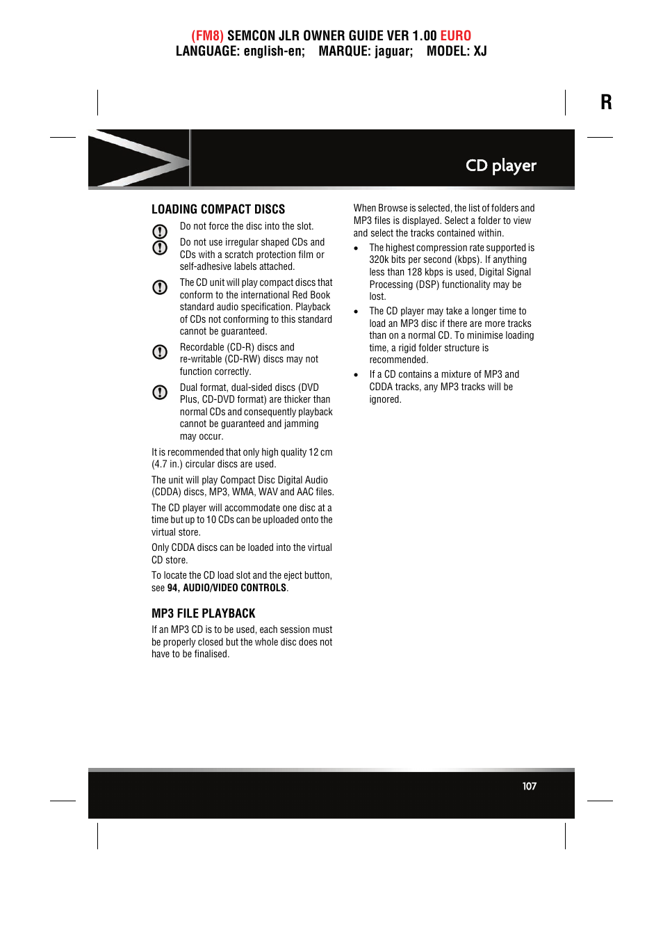 Cd player, Loading compact discs, Mp3 file playback | Jaguar XJ User Manual | Page 107 / 207