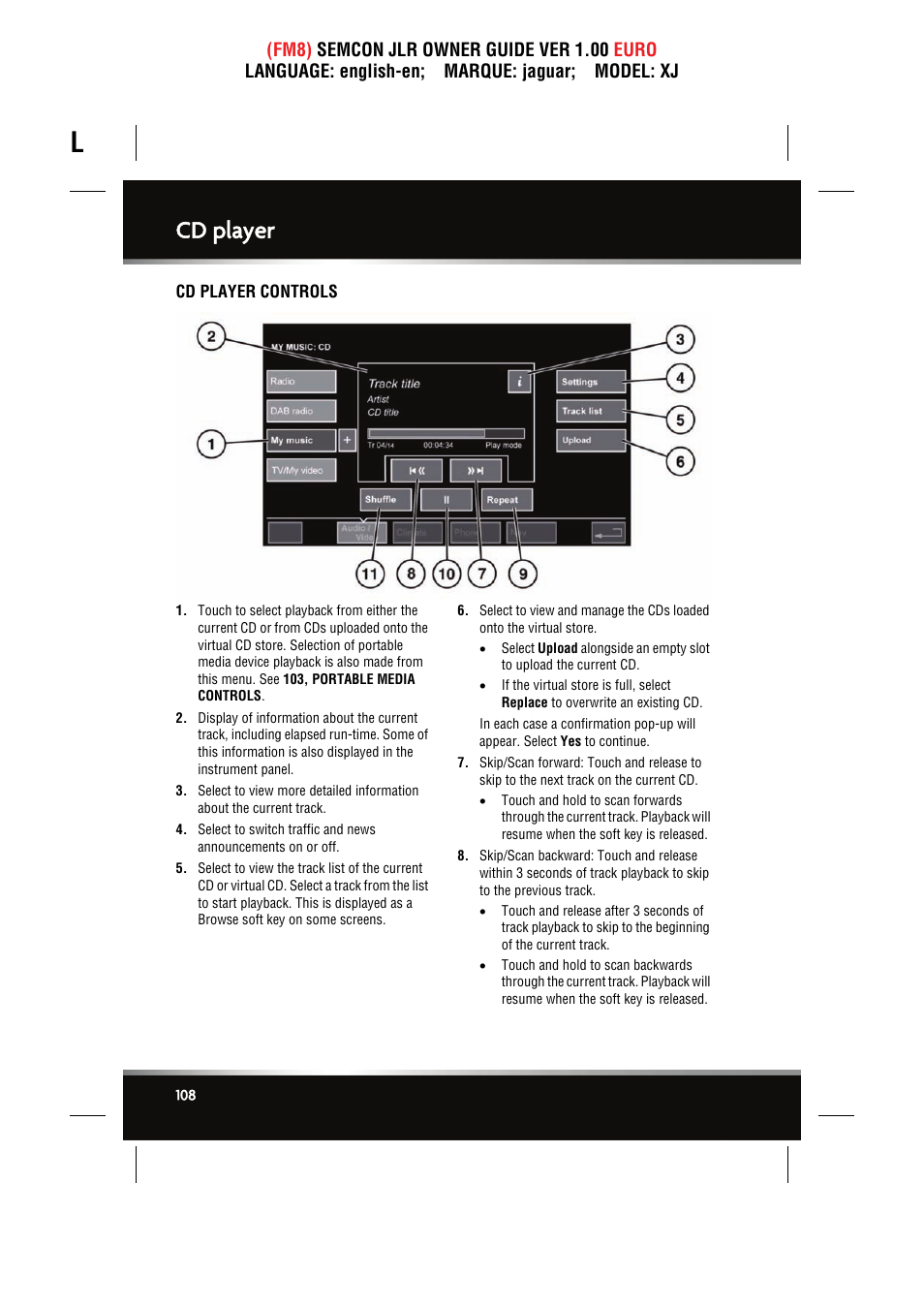 Cd player controls, Cd player | Jaguar XJ User Manual | Page 108 / 207