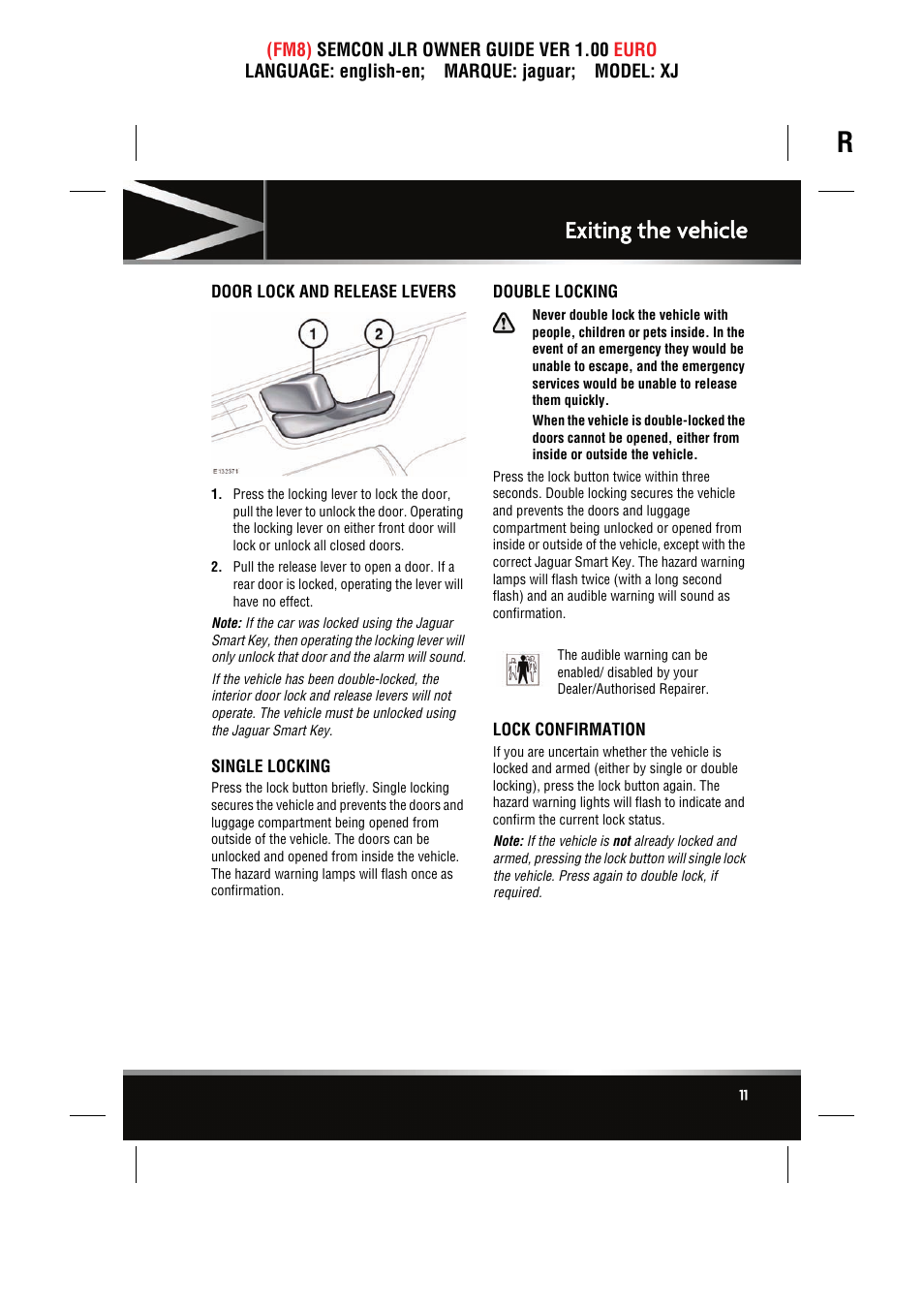 Exiting the vehicle, Door lock and release levers, Single locking | Double locking, Lock confirmation | Jaguar XJ User Manual | Page 11 / 207
