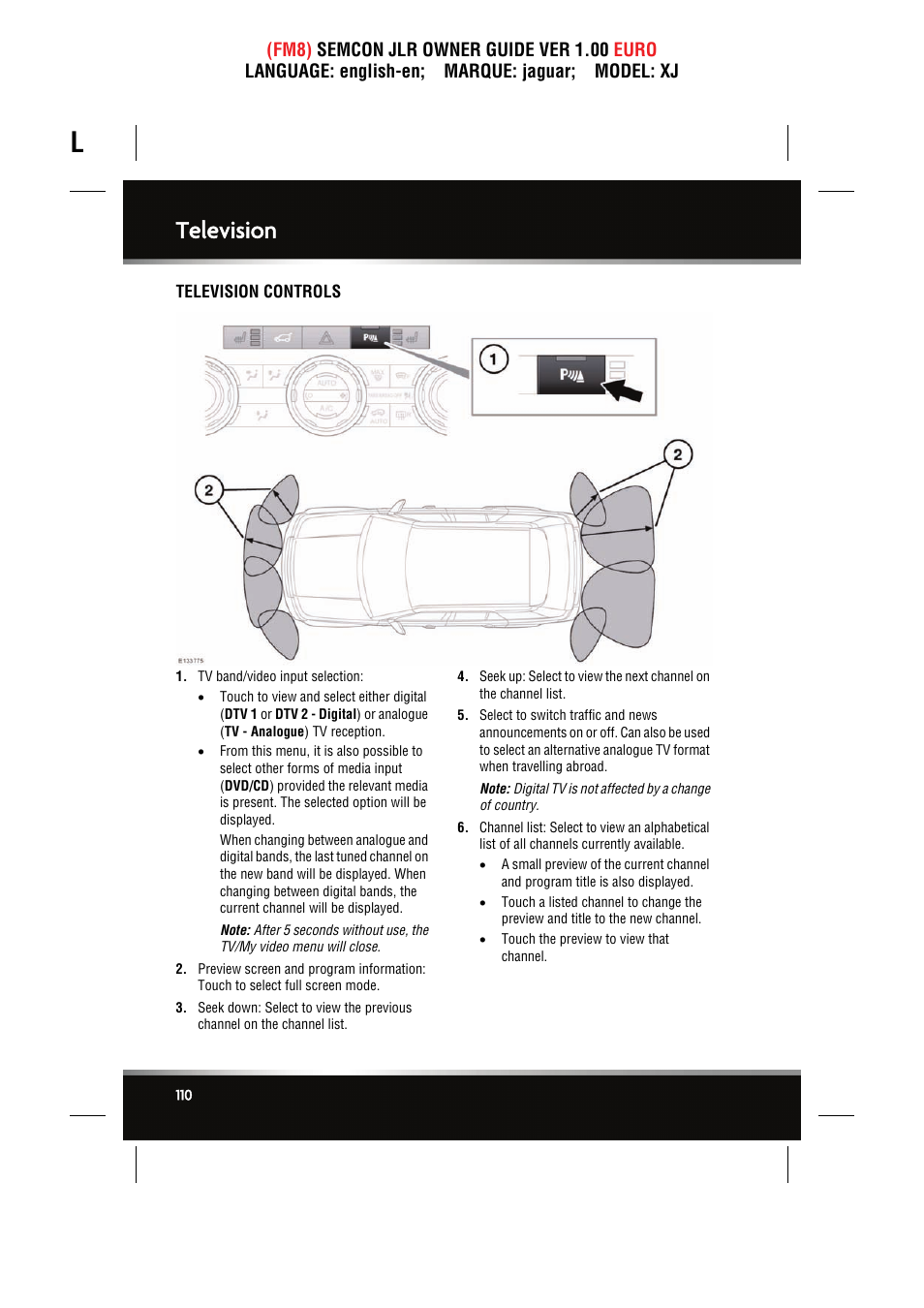 Television, Television controls | Jaguar XJ User Manual | Page 110 / 207