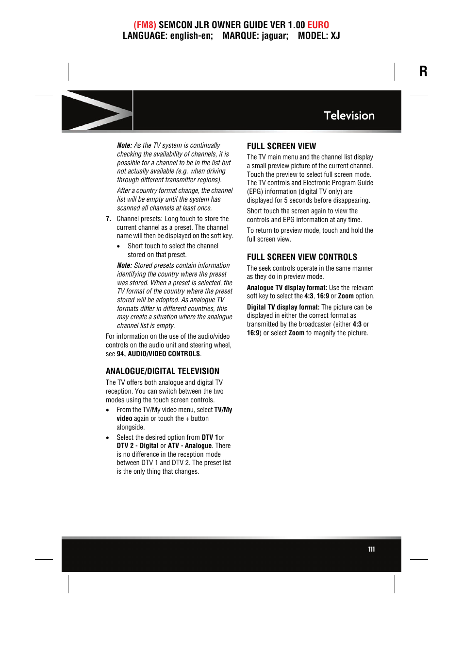 Analogue/digital television, Full screen view, Full screen view controls | Television | Jaguar XJ User Manual | Page 111 / 207