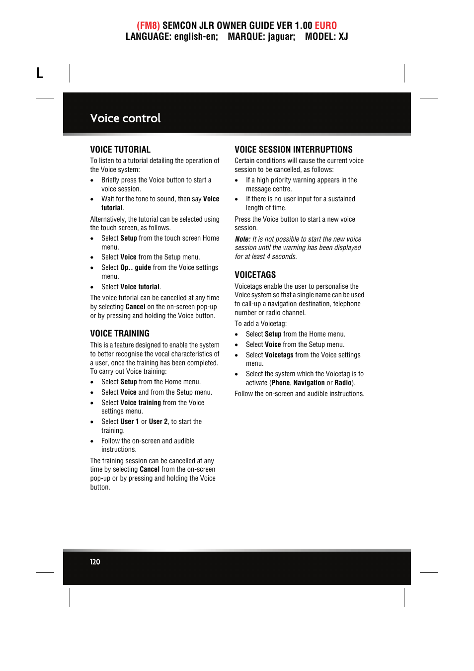 Voice tutorial, Voice training, Voice session interruptions | Voicetags, Voice control | Jaguar XJ User Manual | Page 120 / 207