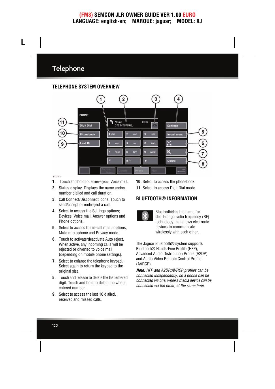 Telephone, Telephone system overview, Bluetooth® information | Jaguar XJ User Manual | Page 122 / 207