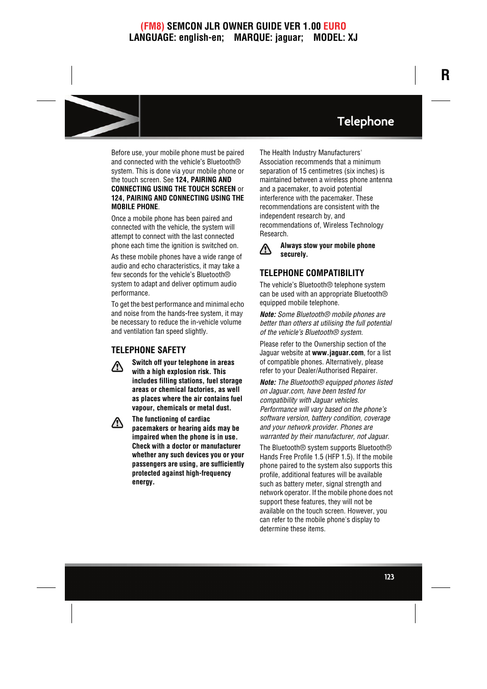 Telephone safety, Telephone compatibility, Telephone | Jaguar XJ User Manual | Page 123 / 207