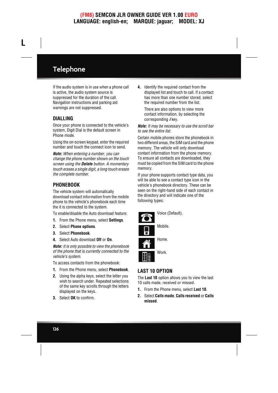 Dialling, Phonebook, Last 10 option | Telephone | Jaguar XJ User Manual | Page 126 / 207