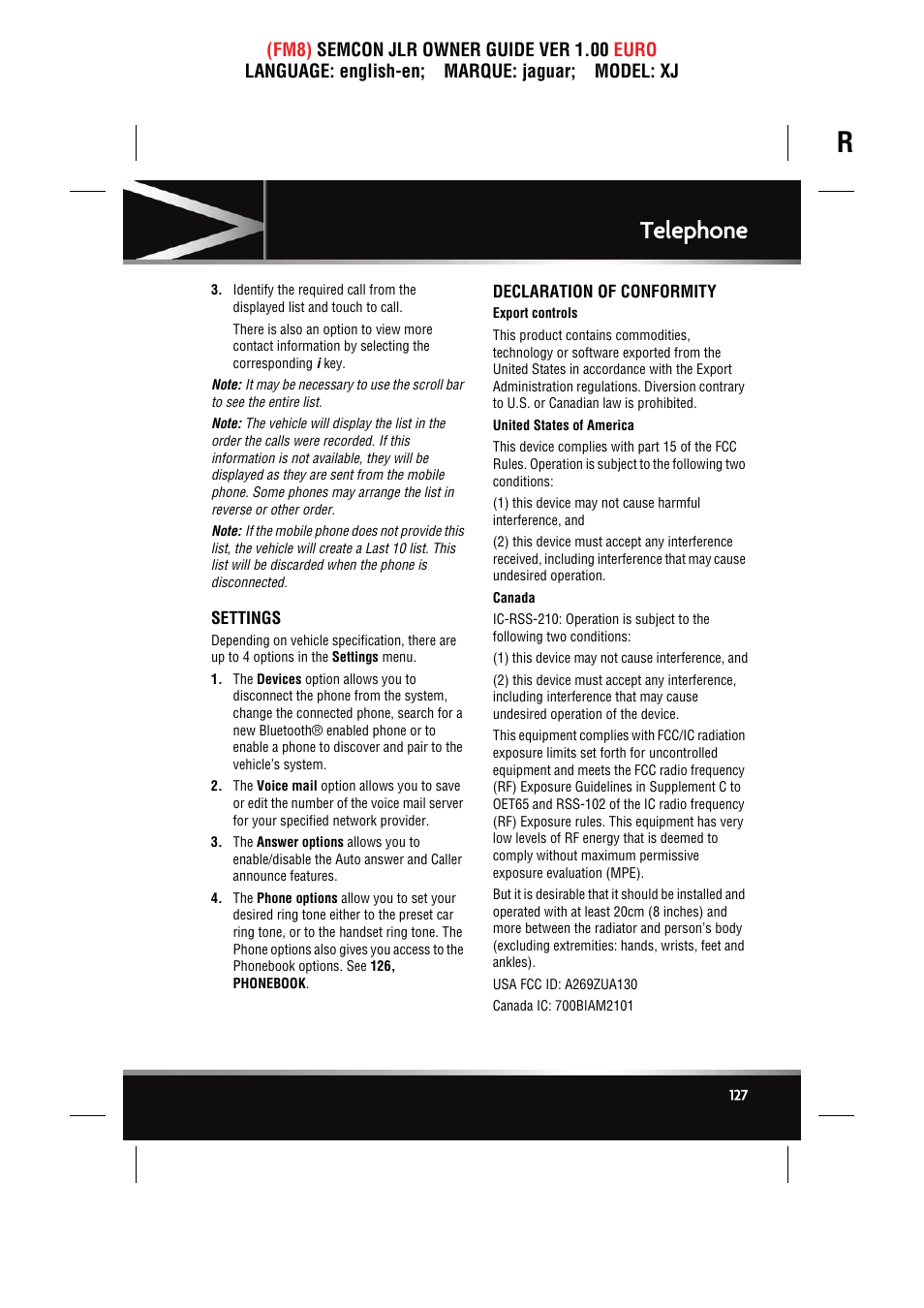 Settings, Declaration of conformity, Telephone | Jaguar XJ User Manual | Page 127 / 207