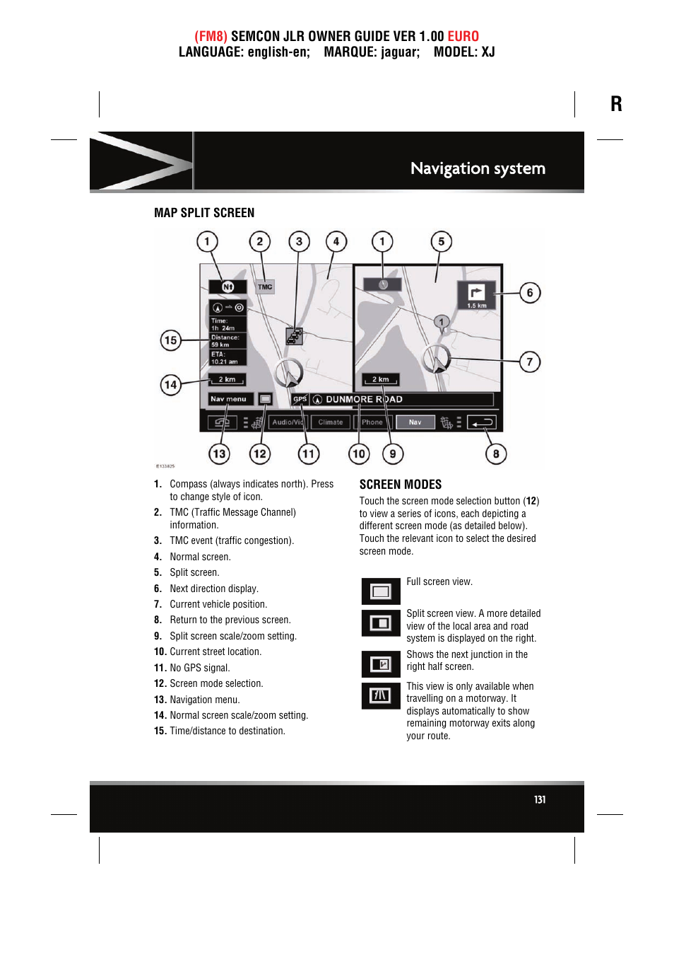 Map split screen, Screen modes, Navigation system | Jaguar XJ User Manual | Page 131 / 207