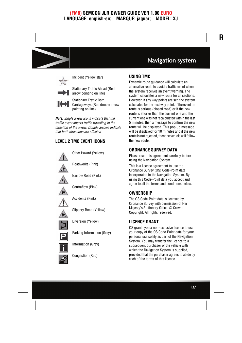 Level 2 tmc event icons, Using tmc, Ordnance survey data | Ownership, Licence grant, Navigation system | Jaguar XJ User Manual | Page 137 / 207