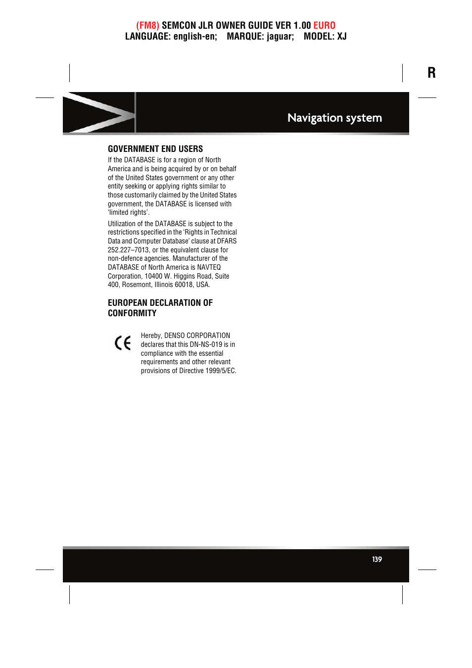 Government end users, European declaration of conformity, Navigation system | Jaguar XJ User Manual | Page 139 / 207