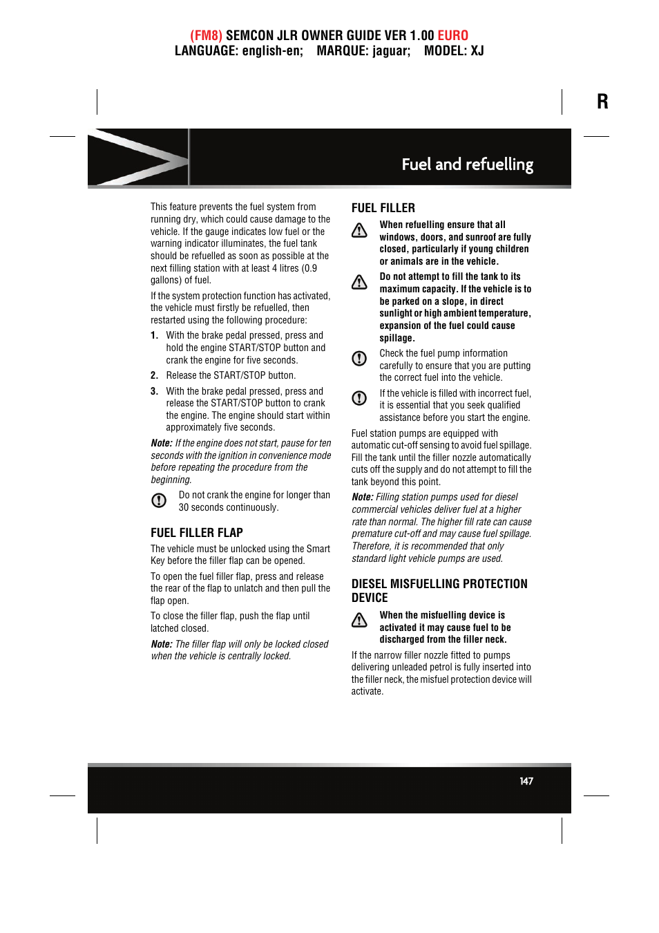 Fuel filler flap, Fuel filler, Diesel misfuelling protection device | Fuel and refuelling | Jaguar XJ User Manual | Page 147 / 207