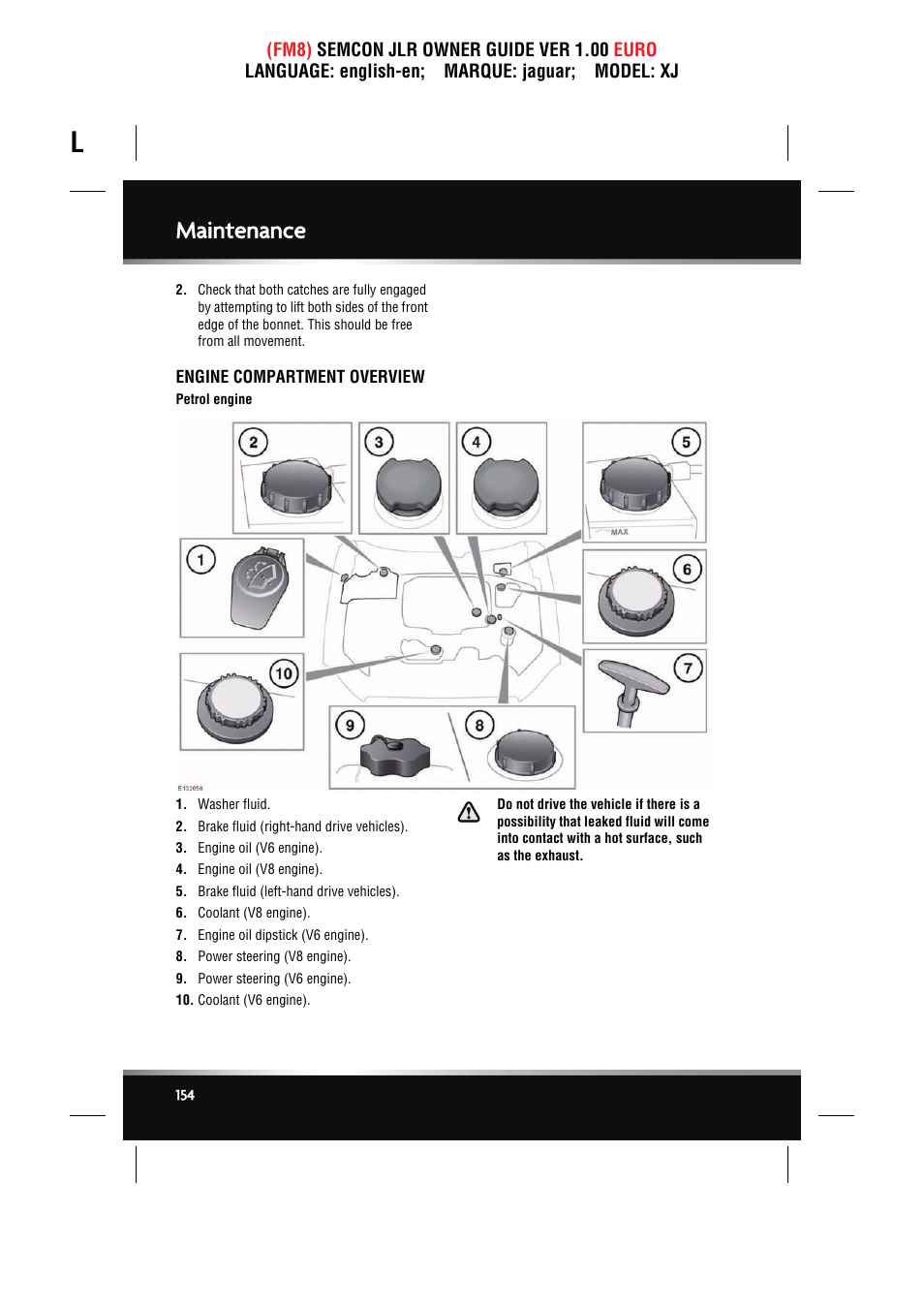 Engine compartment overview, Maintenance | Jaguar XJ User Manual | Page 154 / 207