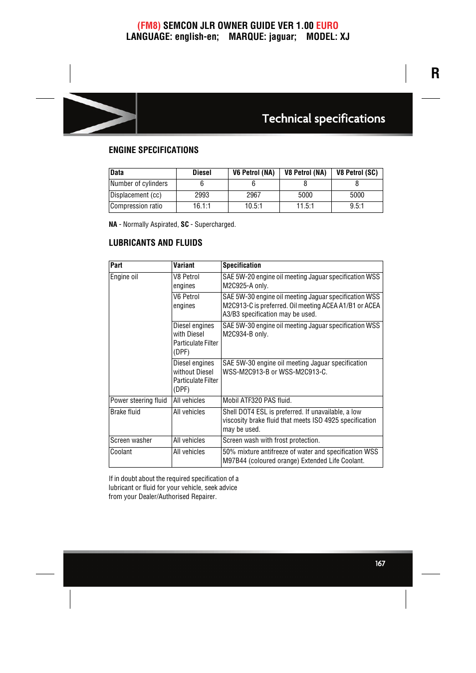 Technical specifications, Engine specifications, Lubricants and fluids | Jaguar XJ User Manual | Page 167 / 207