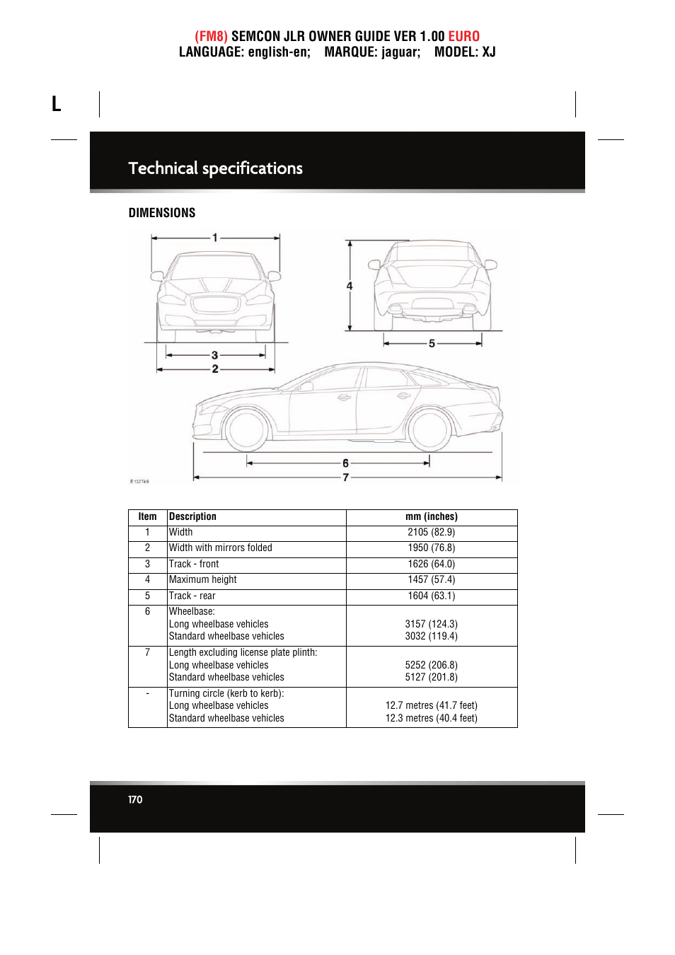 Dimensions, Technical specifications | Jaguar XJ User Manual | Page 170 / 207