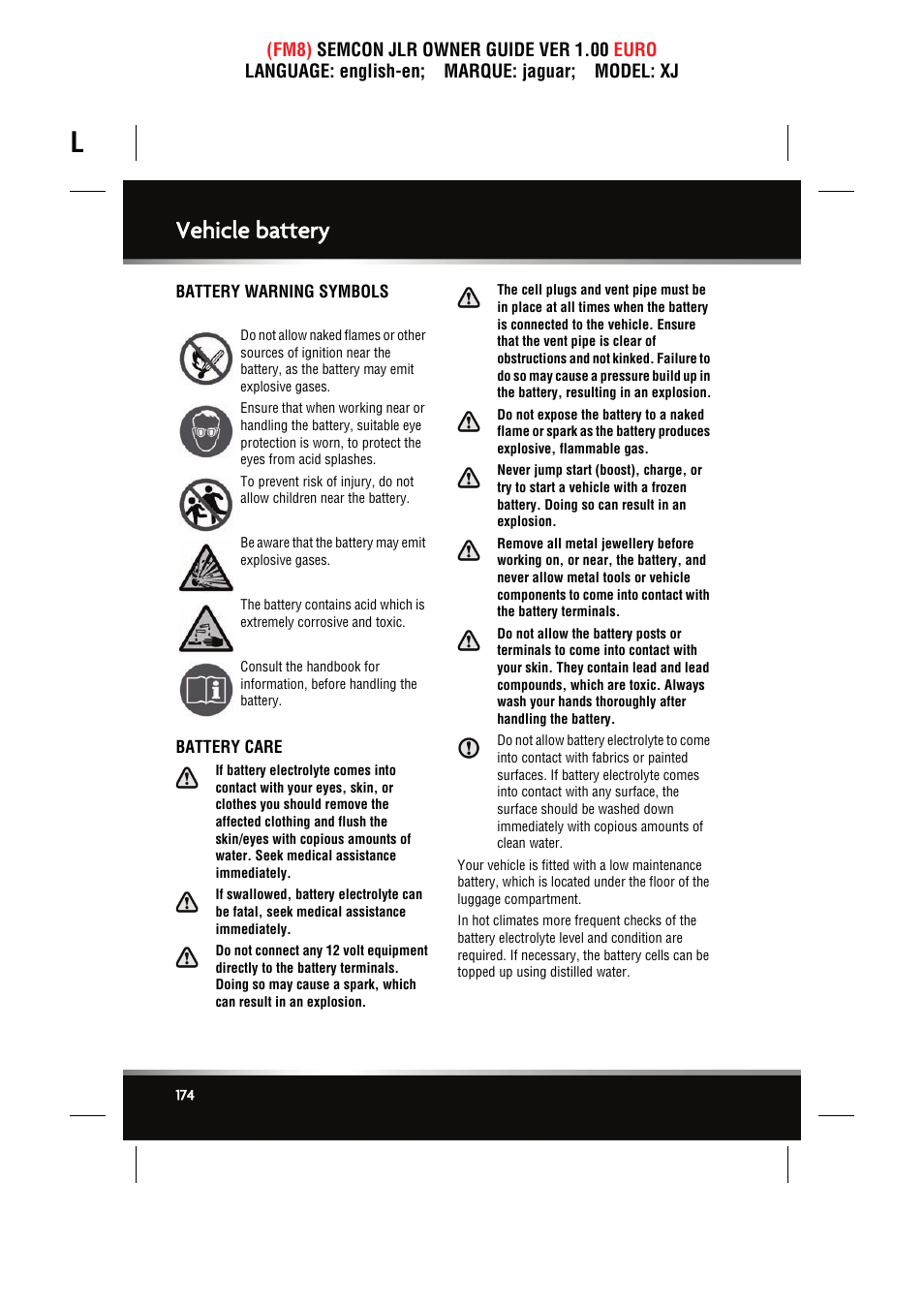 Vehicle battery, Battery warning symbols, Battery care | Jaguar XJ User Manual | Page 174 / 207