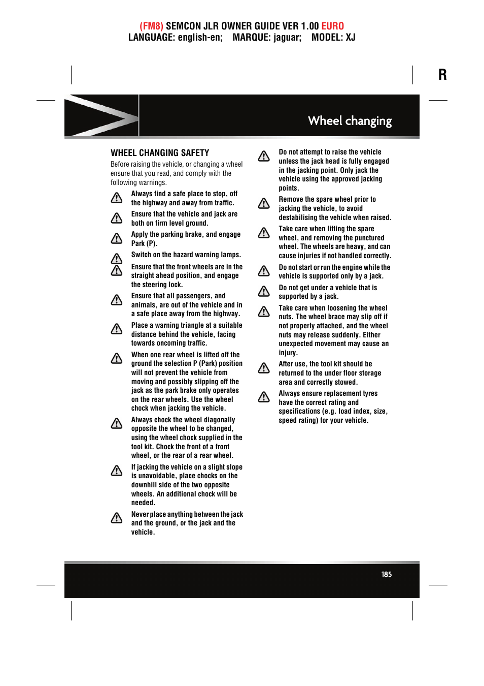 Wheel changing, Wheel changing safety | Jaguar XJ User Manual | Page 185 / 207