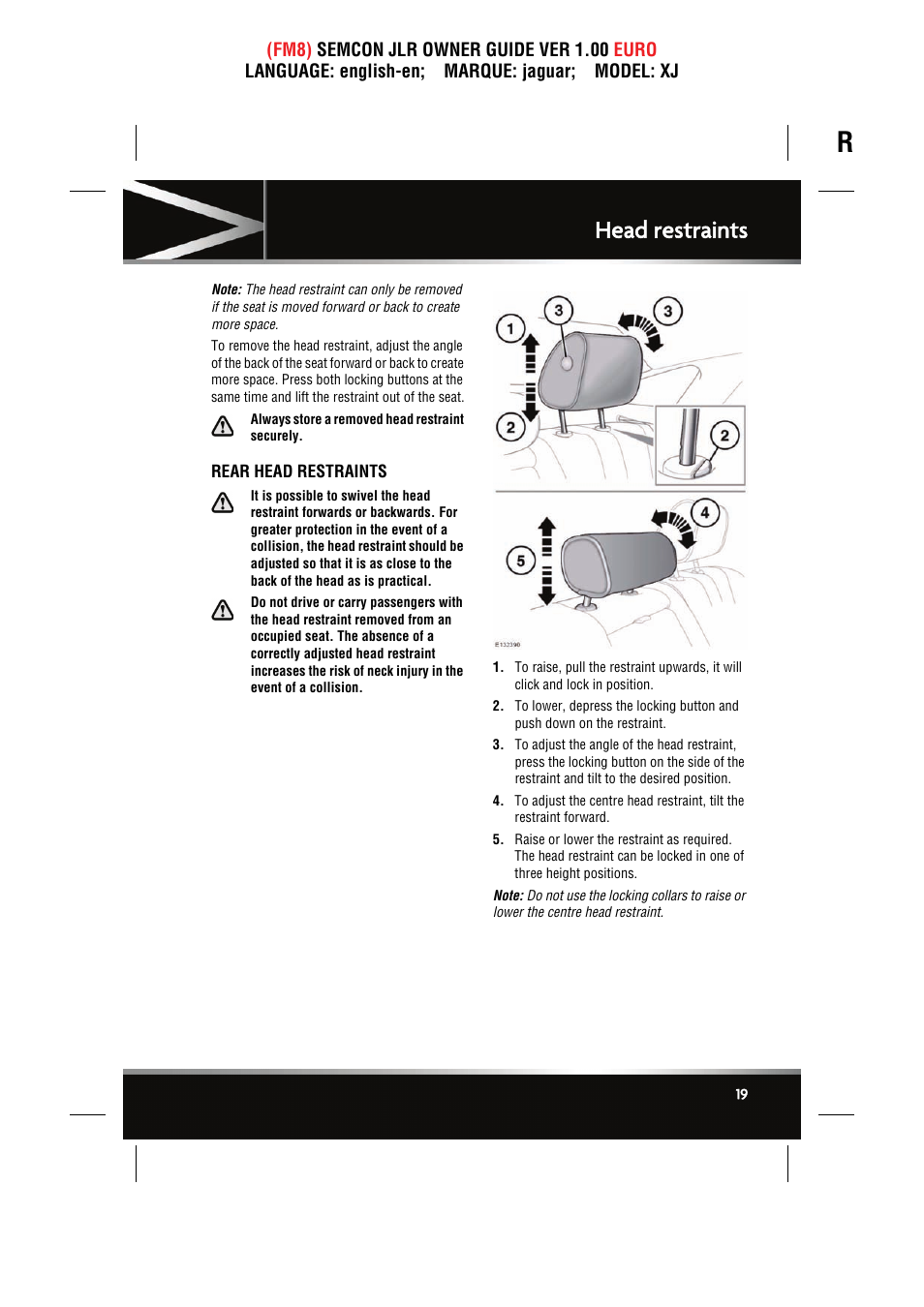 Rear head restraints, Head restraints | Jaguar XJ User Manual | Page 19 / 207