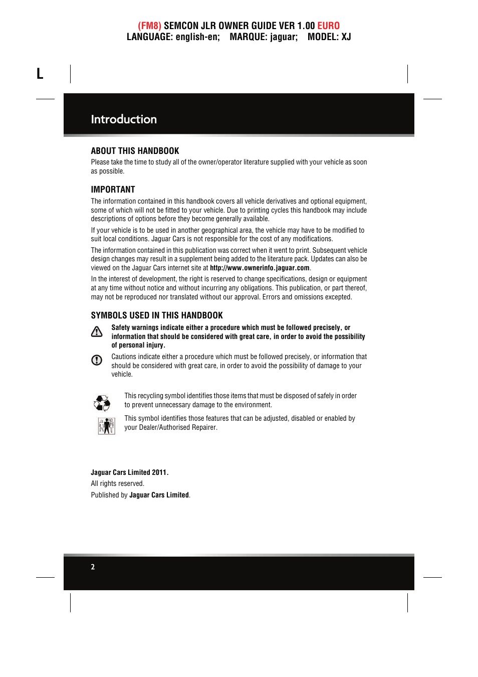 Introduction, About this handbook, Important | Symbols used in this handbook | Jaguar XJ User Manual | Page 2 / 207