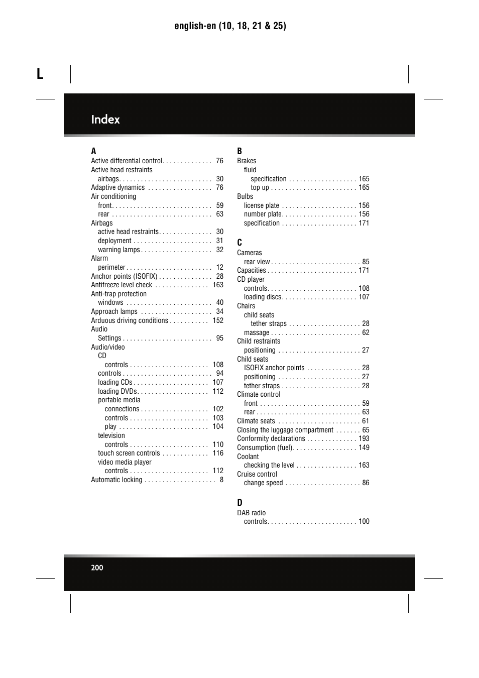 Index | Jaguar XJ User Manual | Page 200 / 207