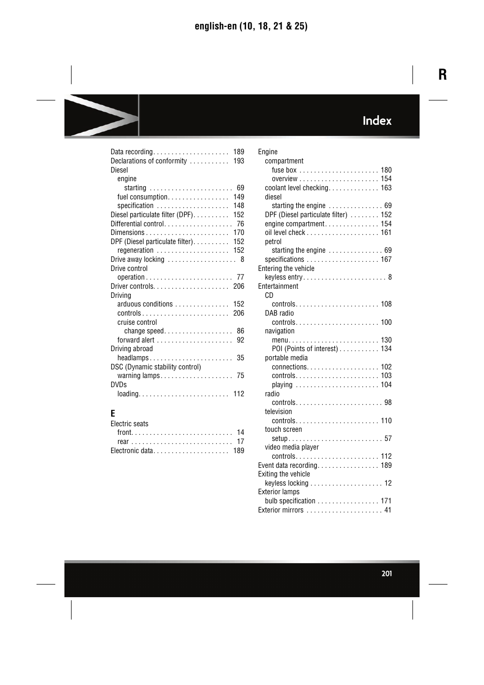 Index | Jaguar XJ User Manual | Page 201 / 207