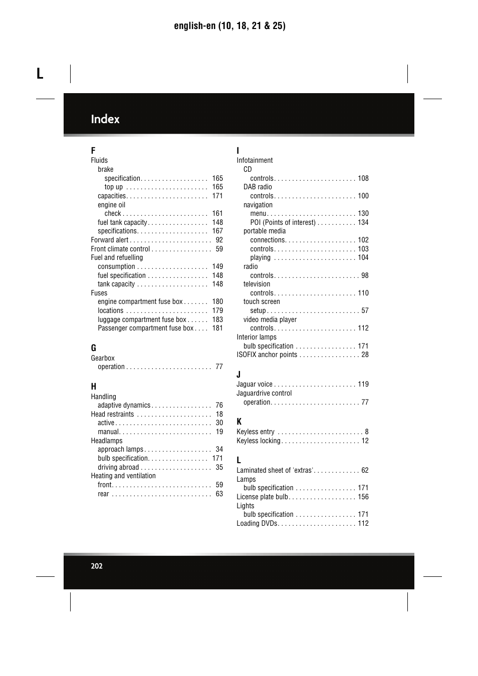 Index | Jaguar XJ User Manual | Page 202 / 207