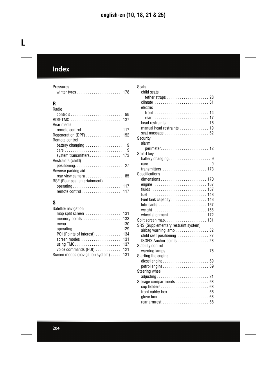 Index | Jaguar XJ User Manual | Page 204 / 207