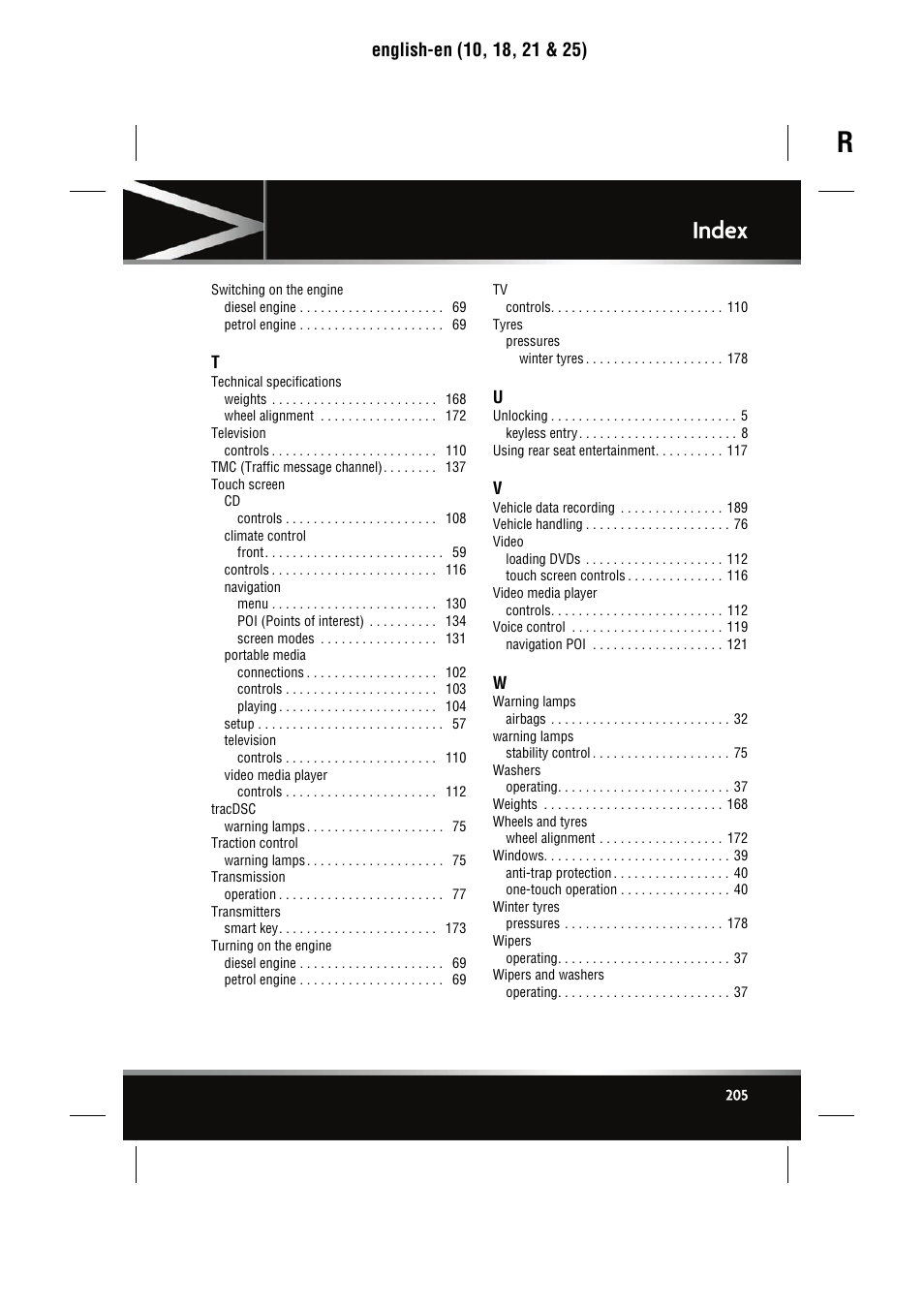 Index | Jaguar XJ User Manual | Page 205 / 207