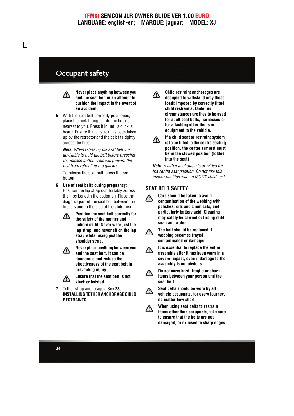 Seat belt safety, Occupant safety | Jaguar XJ User Manual | Page 24 / 207