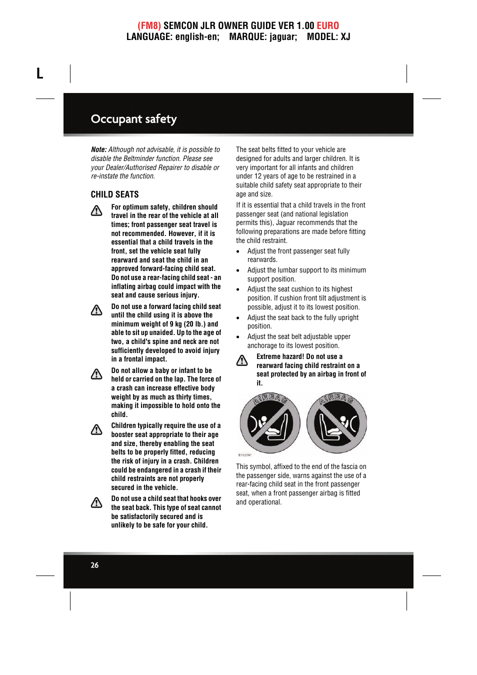 Child seats, Occupant safety | Jaguar XJ User Manual | Page 26 / 207