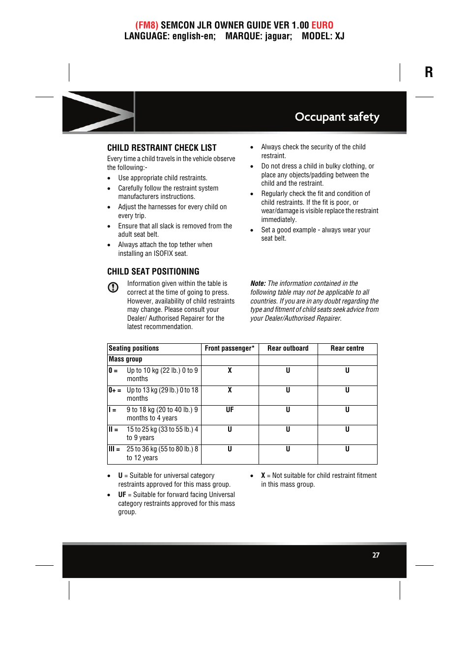 Child restraint check list, Child seat positioning, Occupant safety | Jaguar XJ User Manual | Page 27 / 207