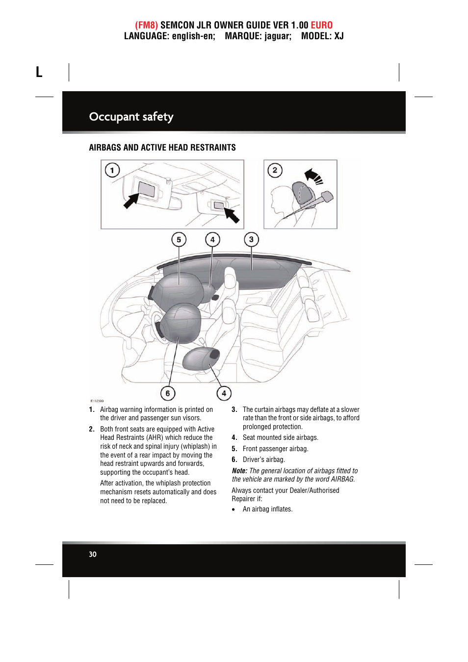 Airbags and active head restraints, Occupant safety | Jaguar XJ User Manual | Page 30 / 207