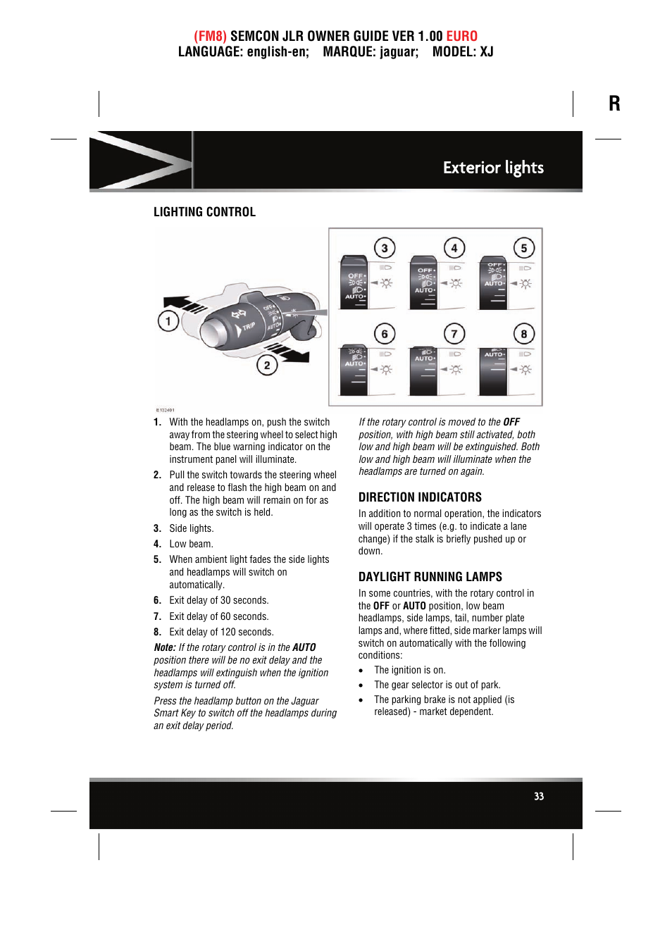 Exterior lights, Lighting control, Direction indicators | Daylight running lamps | Jaguar XJ User Manual | Page 33 / 207