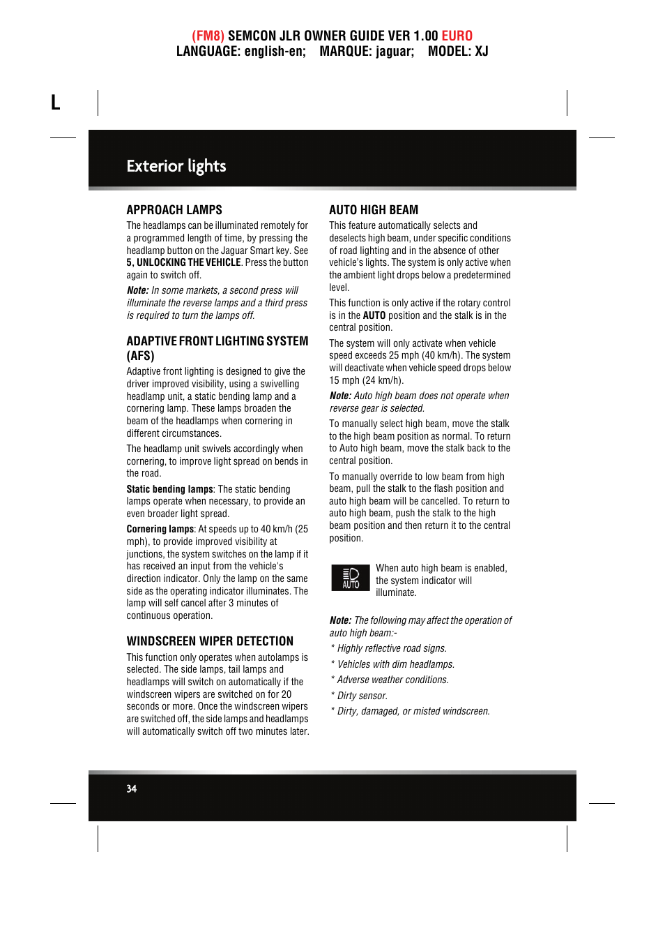 Approach lamps, Adaptive front lighting system (afs), Windscreen wiper detection | Auto high beam, Exterior lights | Jaguar XJ User Manual | Page 34 / 207