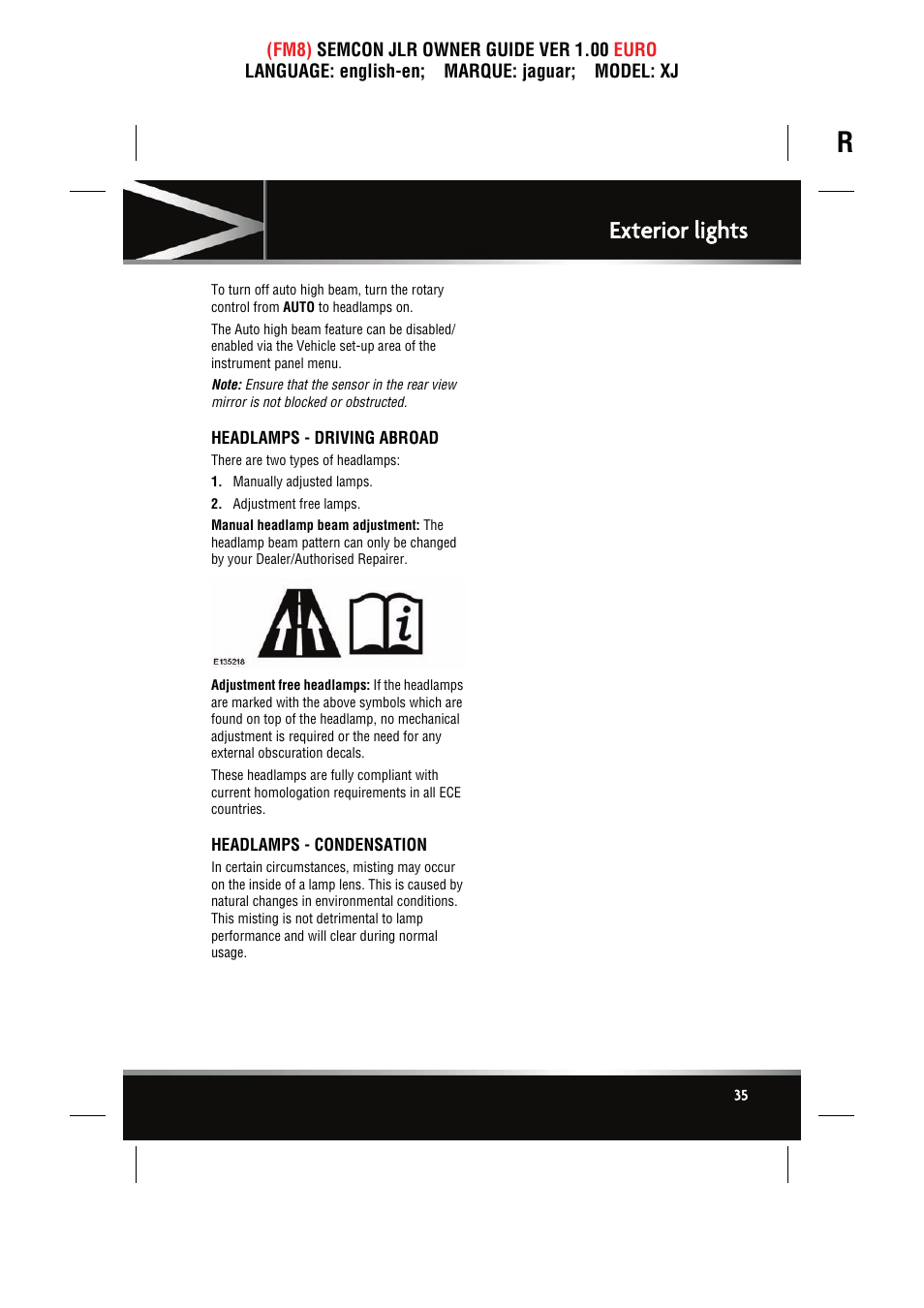 Headlamps - driving abroad, Headlamps - condensation, Exterior lights | Jaguar XJ User Manual | Page 35 / 207