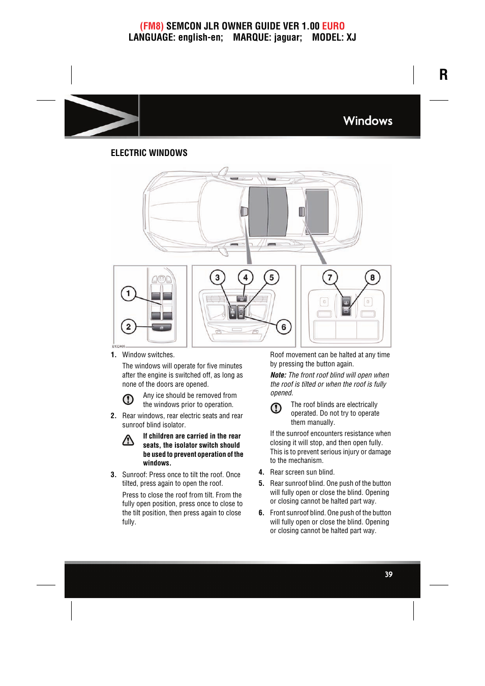 Windows, Electric windows | Jaguar XJ User Manual | Page 39 / 207